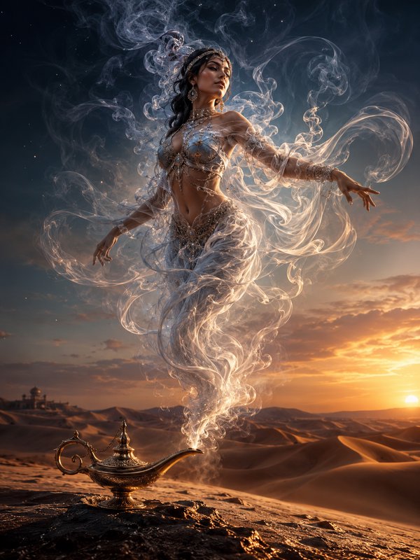 Ethereal female genie rising from an ornate brass magic lamp over desert sand dunes at golden sunset