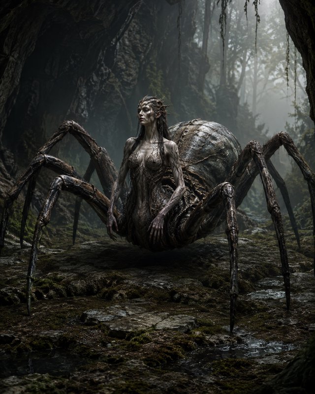 Hyperrealistic drider human-spider hybrid creature standing at a misty mossy forest cave entrance