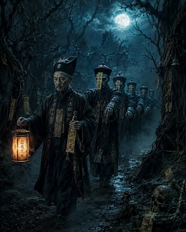 Taoist priest holding a lantern leads a line of jiangshi hopping vampires through a misty moonlit haunted forest.