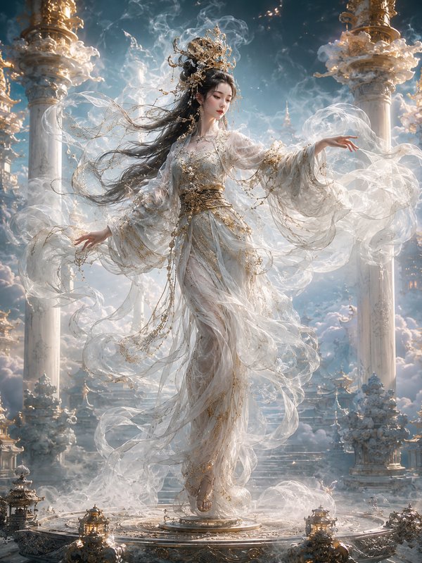 Ethereal Chinese celestial goddess in a sheer gold-embroidered gown stands between gilded pillars of a heavenly cloud