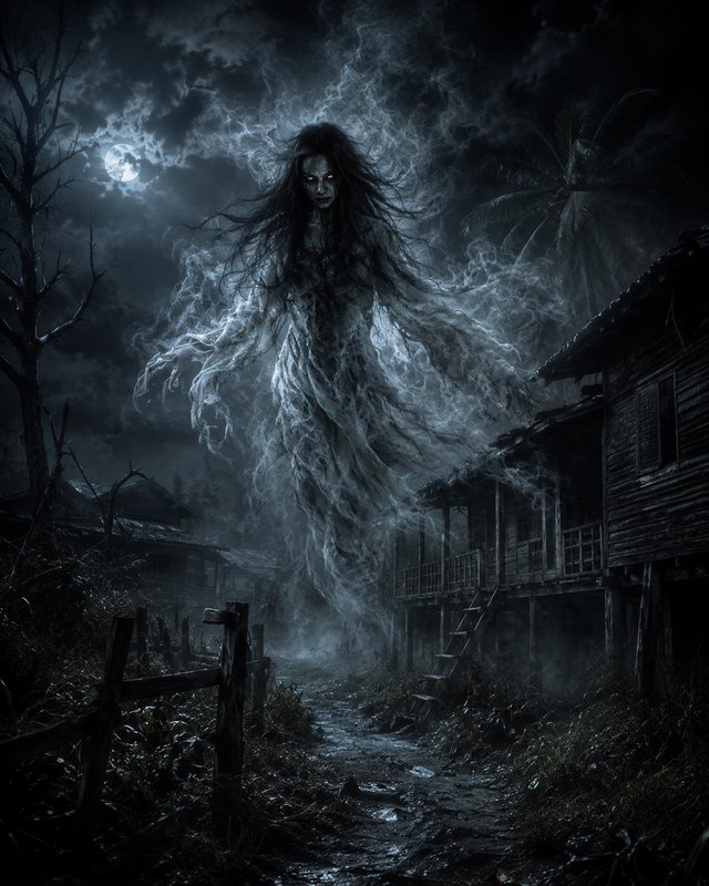 Ethereal ghostly female banshee hovers over an abandoned stilt village under a stormy moonlit night sky