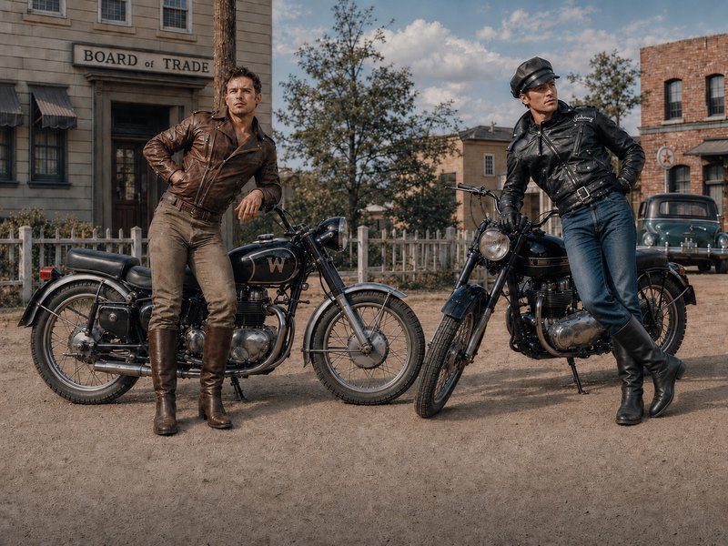 Two stylish vintage biker men lean on classic retro motorcycles on a historic small town dirt main street