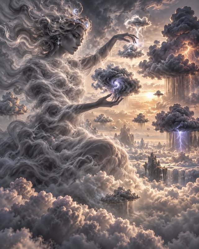 Ethereal cloud goddess conjures storm clouds crackling with lightning above a surreal floating sky realm at golden hour