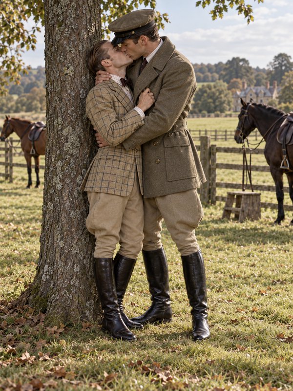 Two men in vintage Edwardian riding attire share a kiss while leaning against a tree in a sunlit countryside paddock.