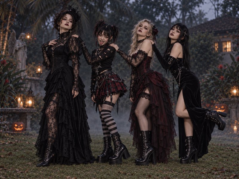Four women in gothic alternative fashion pose in a misty Halloween-decorated manor garden at dusk.