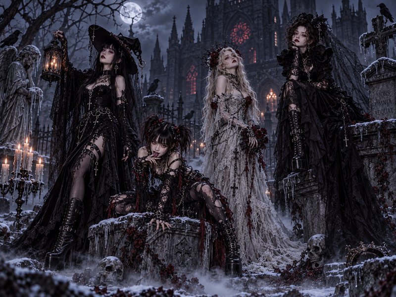 Four elaborately dressed gothic women pose in a snowy moonlit graveyard before a towering gothic cathedral.