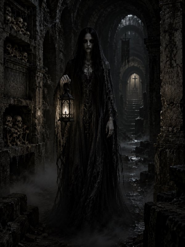 Ghostly gaunt woman in tattered black robes holds a lit lantern, standing in a foggy crumbling gothic crypt lined with
