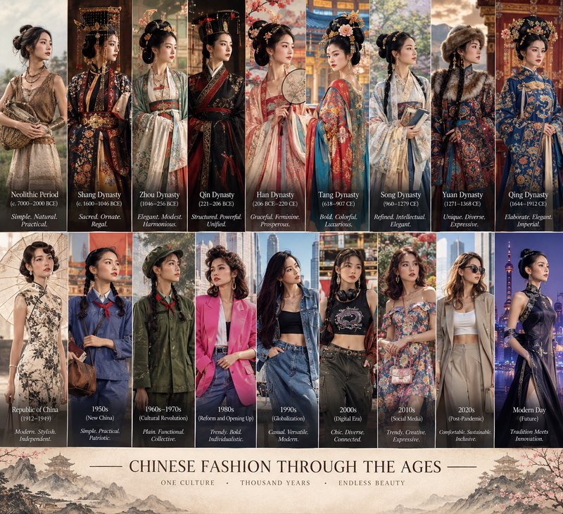 Infographic displaying the evolution of Chinese women's fashion across 18 distinct eras from Neolithic times to modern day