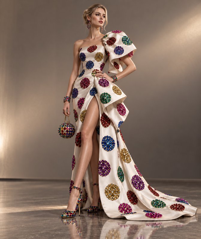 Blonde model wears dramatic cream one-shoulder couture gown with multicolor gem polka dot embelli...