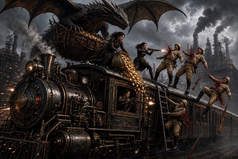 Steampunk fantasy heist scene: winged dragon guards gold as female outlaws battle soldiers atop a...