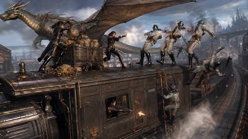 Steampunk action scene on speeding steam train: female fighters, harnessed dragon, gold cargo, fi...