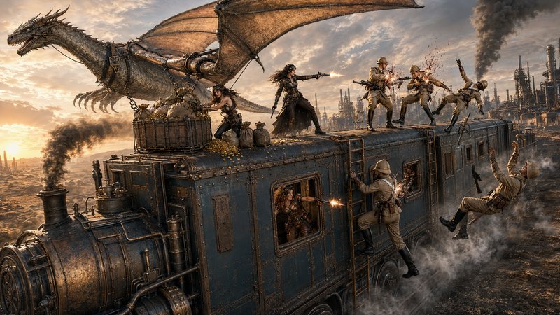 Steampunk train heist scene,