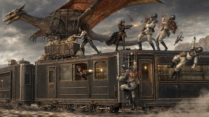 Steampunk train heist scene featuring a chained dragon, female fighters shooting attacking soldie...