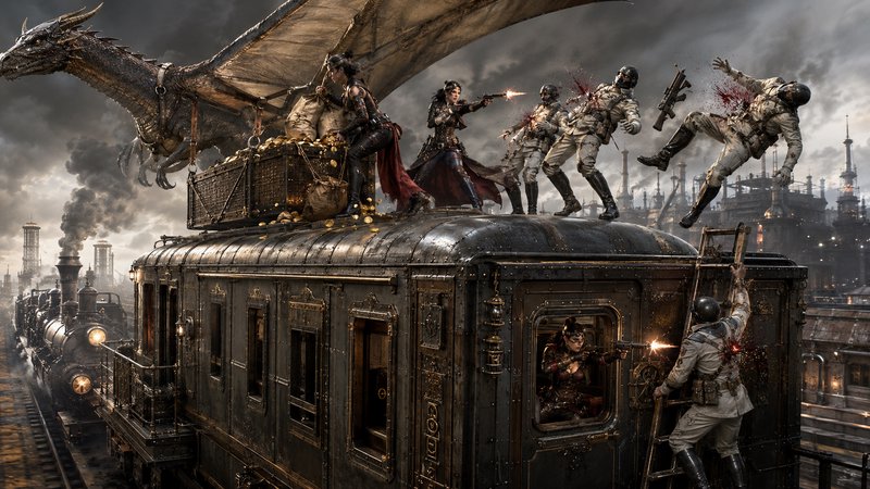 Steampunk fantasy train heist: outlaws fight soldiers atop a vintage steam train beside a harness...