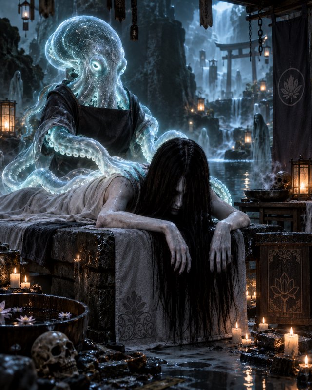 Glowing translucent octopus spirit healer attends to a pale ghostly woman on a stone altar in a m...