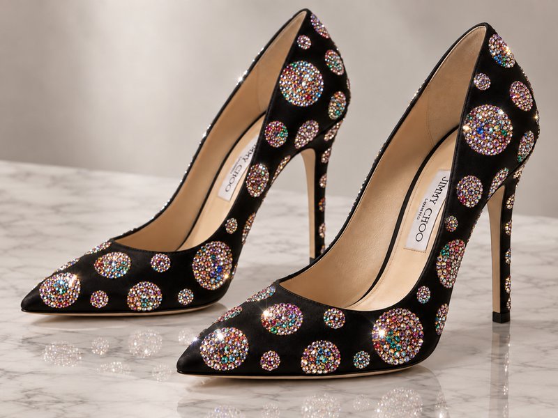 Pair of Jimmy Choo black satin stiletto pumps decorated with multicolor crystal polka dots restin...