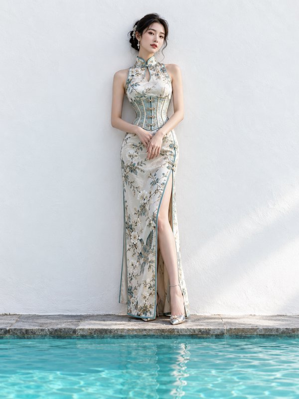Elegant woman in embroidered modern corseted qipao stands on pool edge beside turquoise water aga...