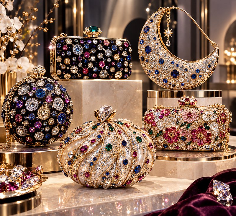 Collection of ornate gemstone-encrusted luxury evening clutches in whimsical unique shapes displa...