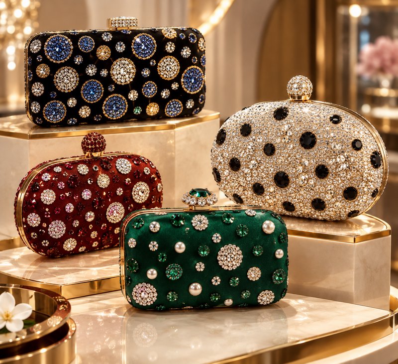 Four ornate gem and rhinestone embellished evening clutch purses displayed on luxury marble retai...