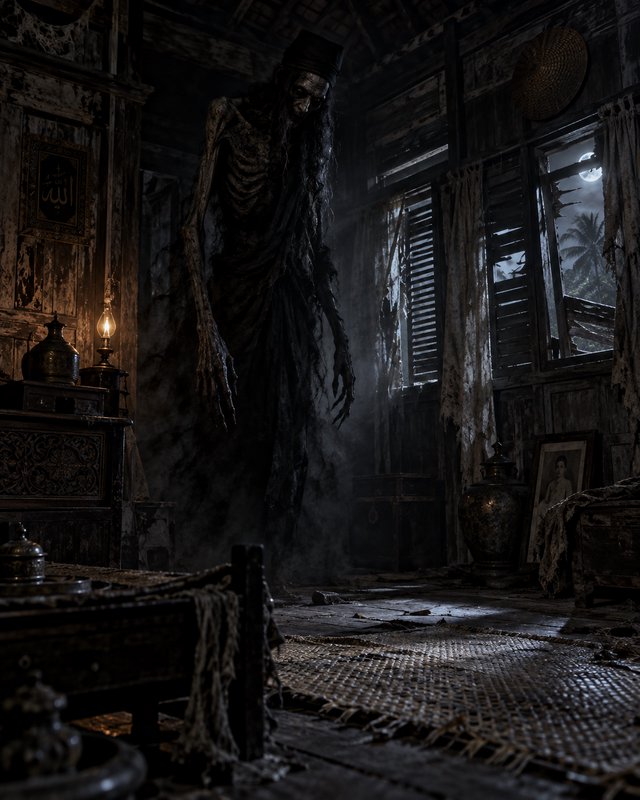 Tall gaunt skeletal supernatural ghost looms inside a dilapidated moonlit abandoned wooden hut ne...