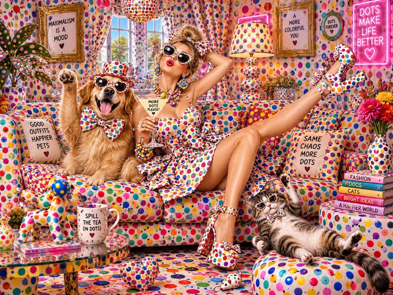 Playful maximalist polka dot living room with coordinated woman, golden retriever, tabby cat posi...