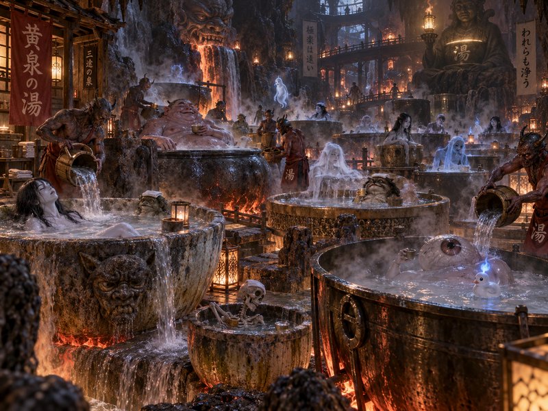 Dark fantasy underworld onsen bathhouse with yokai, ghosts, demons, and mythical creatures soakin...