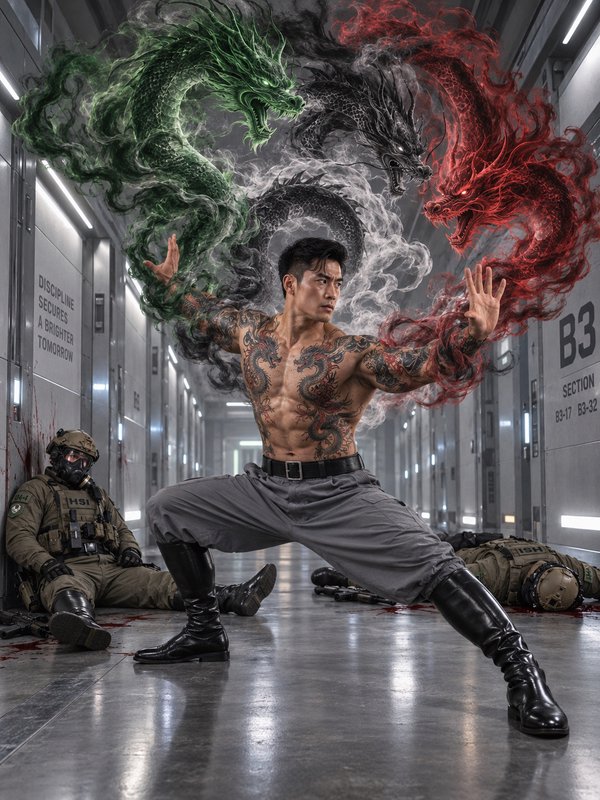 Shirtless tattooed martial artist summons green, black, red ethereal dragons in a sci-fi facility...