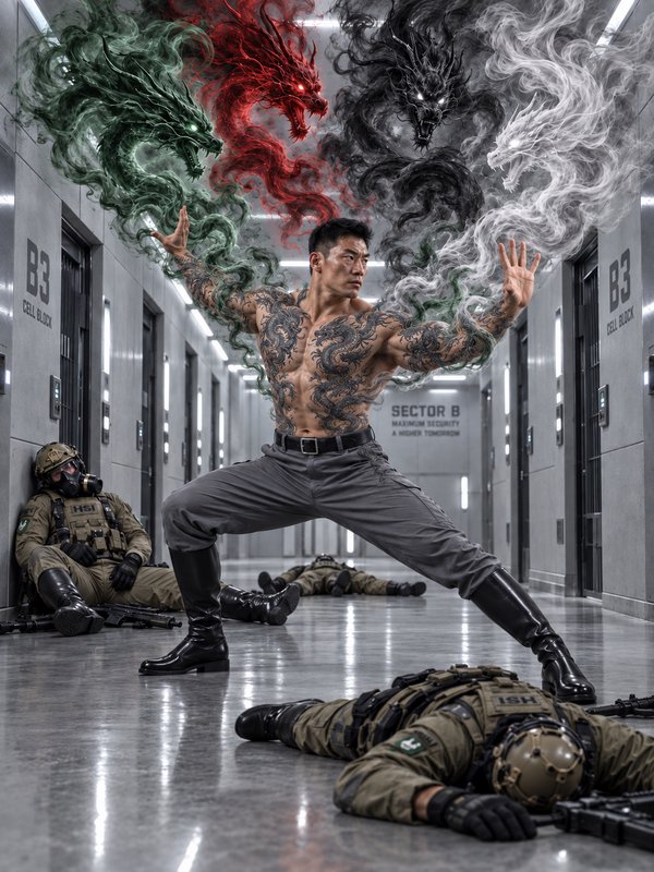 Muscular dragon-tattooed martial artist summons four colored smoke dragons over defeated guards i...