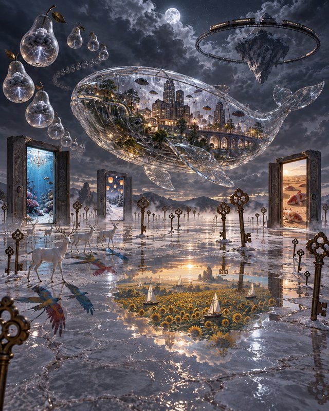Surreal moonlit dreamscape with a floating glass whale, portal doorways, giant skeleton keys, and...