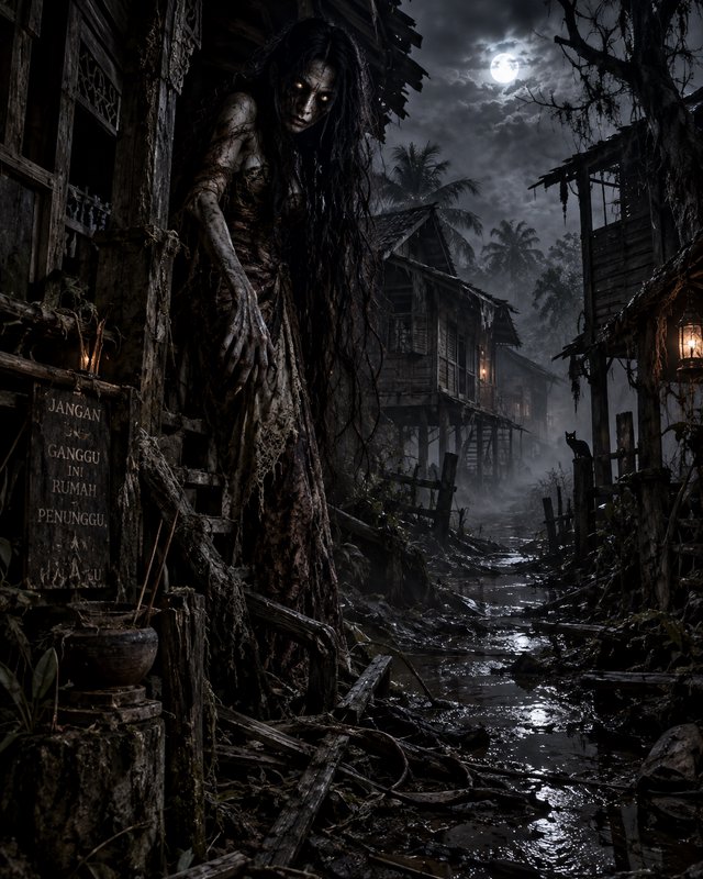 Glowing-eyed long-haired ghost looms from a rotting stilt hut in a foggy moonlit haunted swamp vi...
