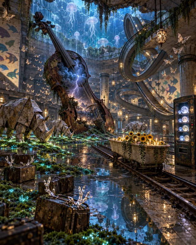 Surreal fantasy abandoned underground station with giant overgrown cello, floating jellyfish, ori...