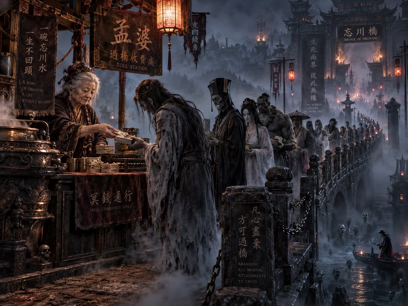 Dark fantasy illustration of mythological Meng Po's toll station on the misty Bridge of Oblivion,...