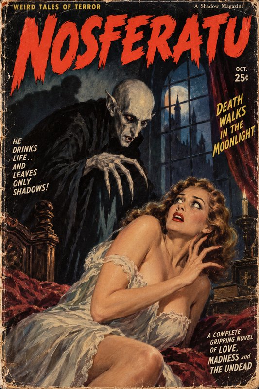 Vintage horror pulp magazine cover showing Nosferatu the vampire looming over a frightened woman ...
