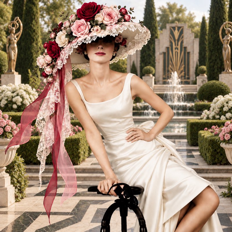 Elegant woman in cream satin gown and elaborate floral lace hat poses in a formal art deco garden...