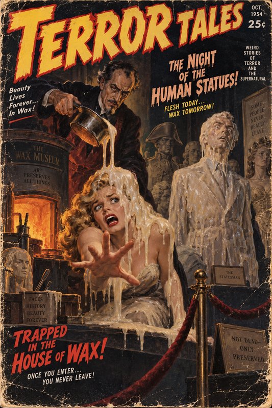 Vintage 1954 Terror Tales horror pulp cover, showing a mad curator pouring hot wax over a screami...