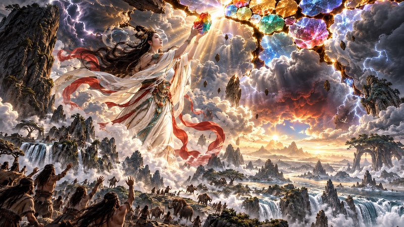 Towering mythological goddess Nüwa holds a glowing rainbow stone aloft to mend a fractured stormy...