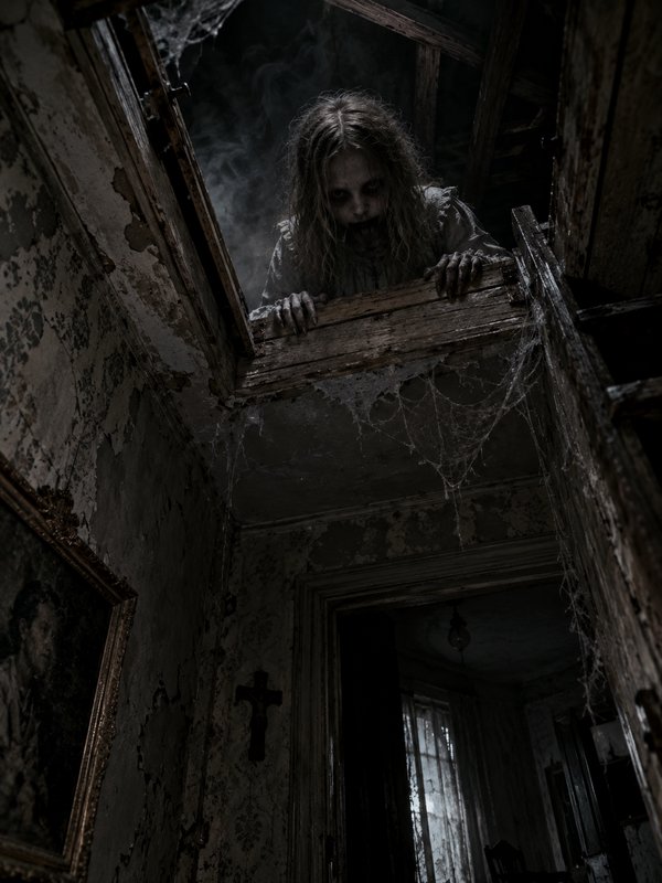 Ghastly undead ghost girl leans out of a cobweb-covered attic hatch, peering down into a dilapida...