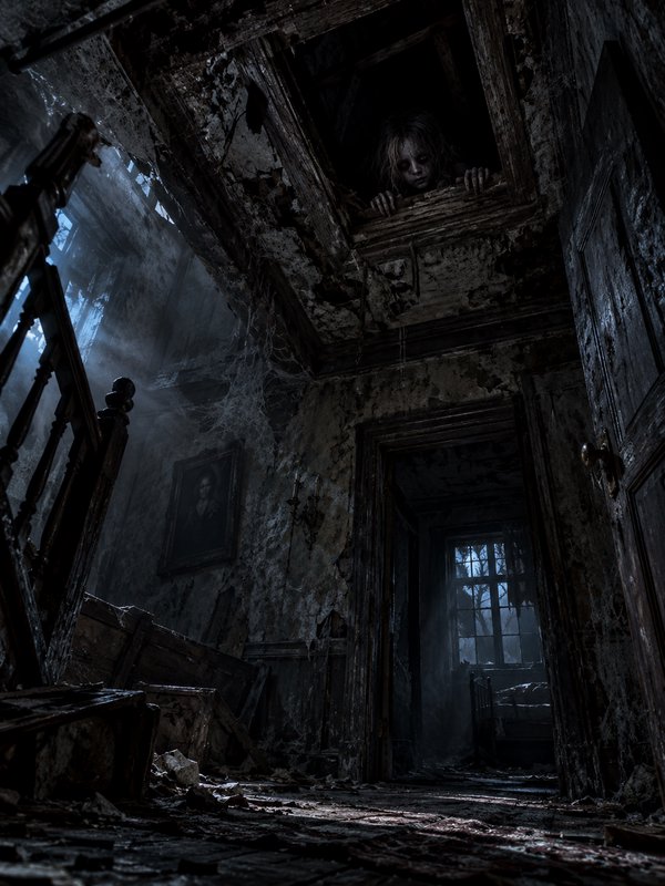 Ghostly pale child apparition peeks down from an attic hatch inside a crumbling cobweb-covered ab...