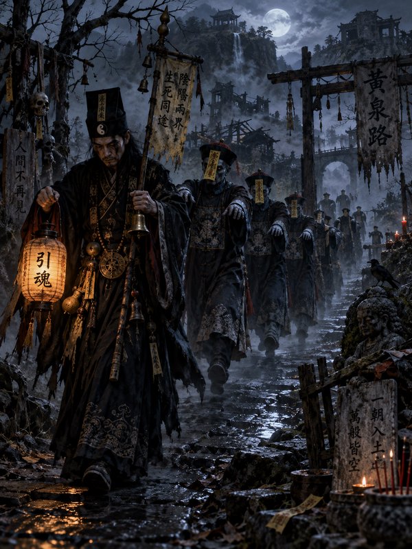 Taoist spirit guide leads a procession of hopping jiangshi along the misty moonlit Huangquan Road...