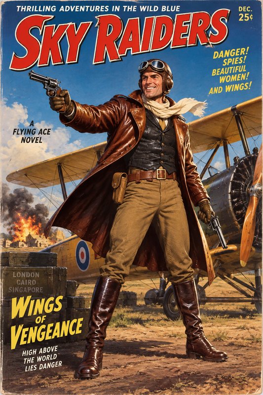 Vintage Sky Raiders pulp magazine cover featuring a heroic WWI flying ace holding revolvers stand...