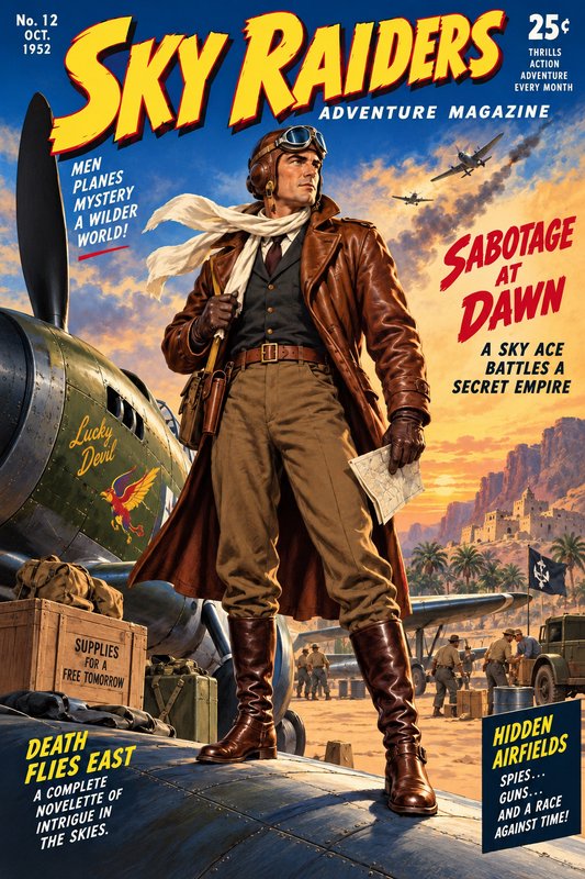 1952 Sky Raiders pulp adventure magazine cover featuring a vintage aviator standing on a plane wi...