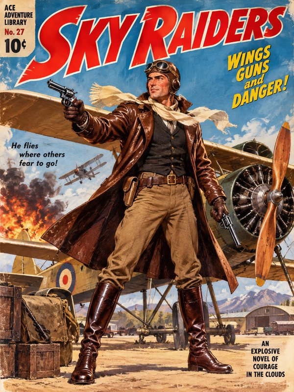 Vintage pulp adventure magazine cover: rugged WWI pilot holding revolvers stands in front of a bi...