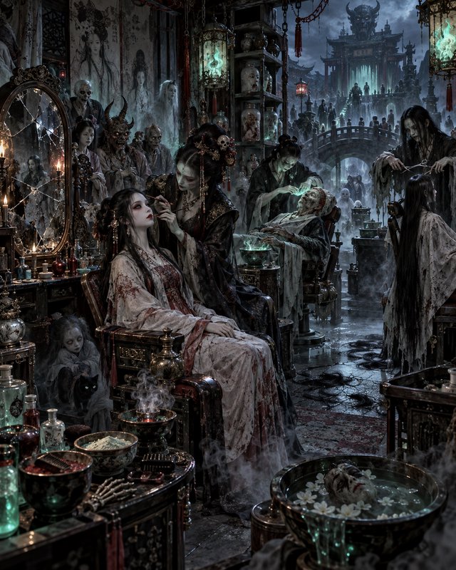 Macabre East Asian underworld beauty salon, ghostly undead stylists serve spectral clients in a m...
