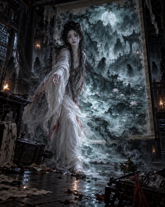 Ghostly sorrowful ancient Chinese woman in tattered white robes reaches out, emerging from a haun...