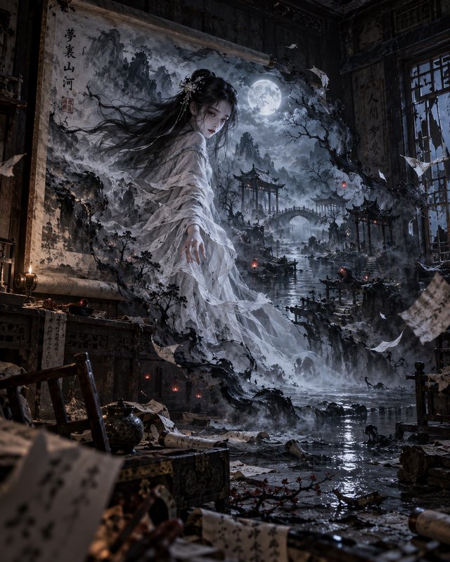 Ethereal pale ghost woman in flowing white hanfu emerges from a traditional Chinese ink scroll of...