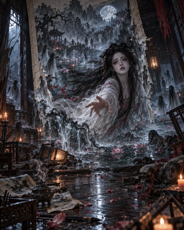 Sorrowful ghostly ancient Chinese woman reaches out from a flooded haunted chamber, a misty moonl...
