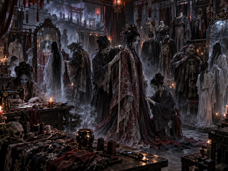 Dark fantasy scene of undead tailors fitting a spectral bride in an ornate red gown inside a mist...