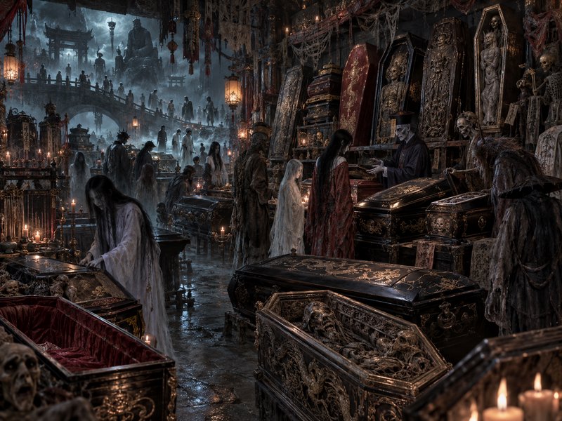 Candle-lit mythic underworld tomb filled with ghostly spirits, ornate gilded coffins, and wanderi...