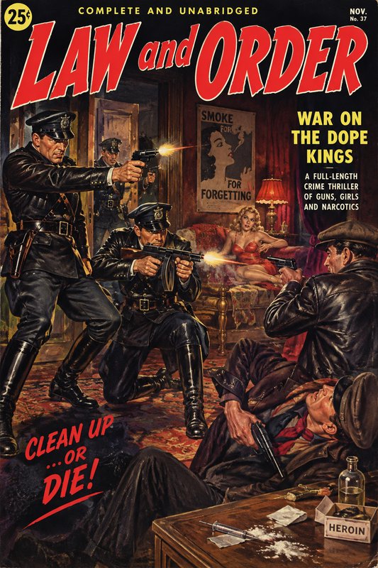 Vintage Law and Order pulp magazine cover depicting a dramatic police shootout during a narcotics...