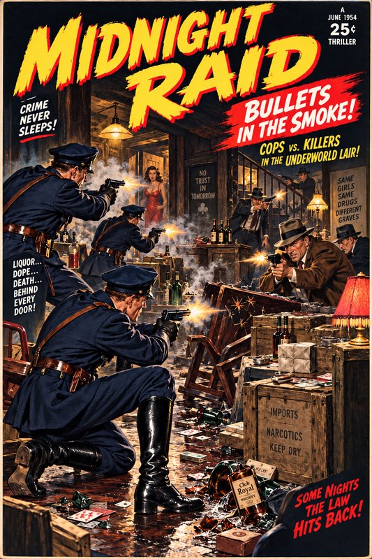 Vintage 1954 pulp thriller cover "Midnight Raid" depicting a chaotic police shootout raid on a cr...